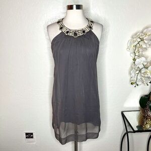 Vintage BIANCA NERO Gray Silk Chiffon Pearl Neck Babydoll Dress Size S (?)
